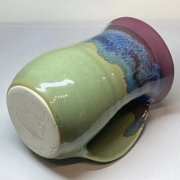 Neher Pottery Hand Warmer Mug Drip Glazed Minnesota Cup, Signed 2012 Blue Purple - Picture 9 of 11